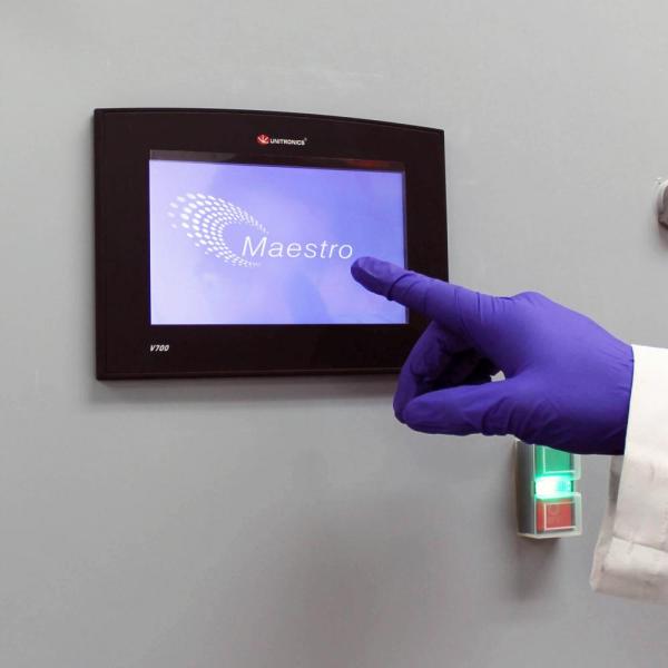 Touch screen controls for monitoring and reporting analyses, configuring system alarms, and exporting data.