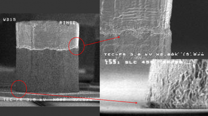 SEM showing titanium etchant with low undercut and high Cu, Al, Sn compatibility.