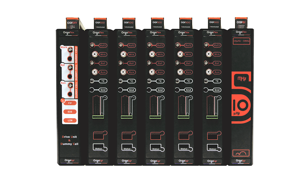 The OrigaFlex is a Multi-Channel system. Three different modules are available: 500 mA, 1 A and 5 A. Each module is a real Potentiostat and Galvanostat, allowing simultaneous and independent measurements (including temperature control).