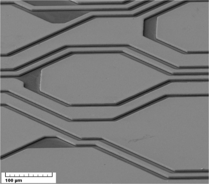 Sulfite Gold Plating with Elevate Gold 7990 NBV HT: 7 microns thickness demonstrating excellent pattern retention